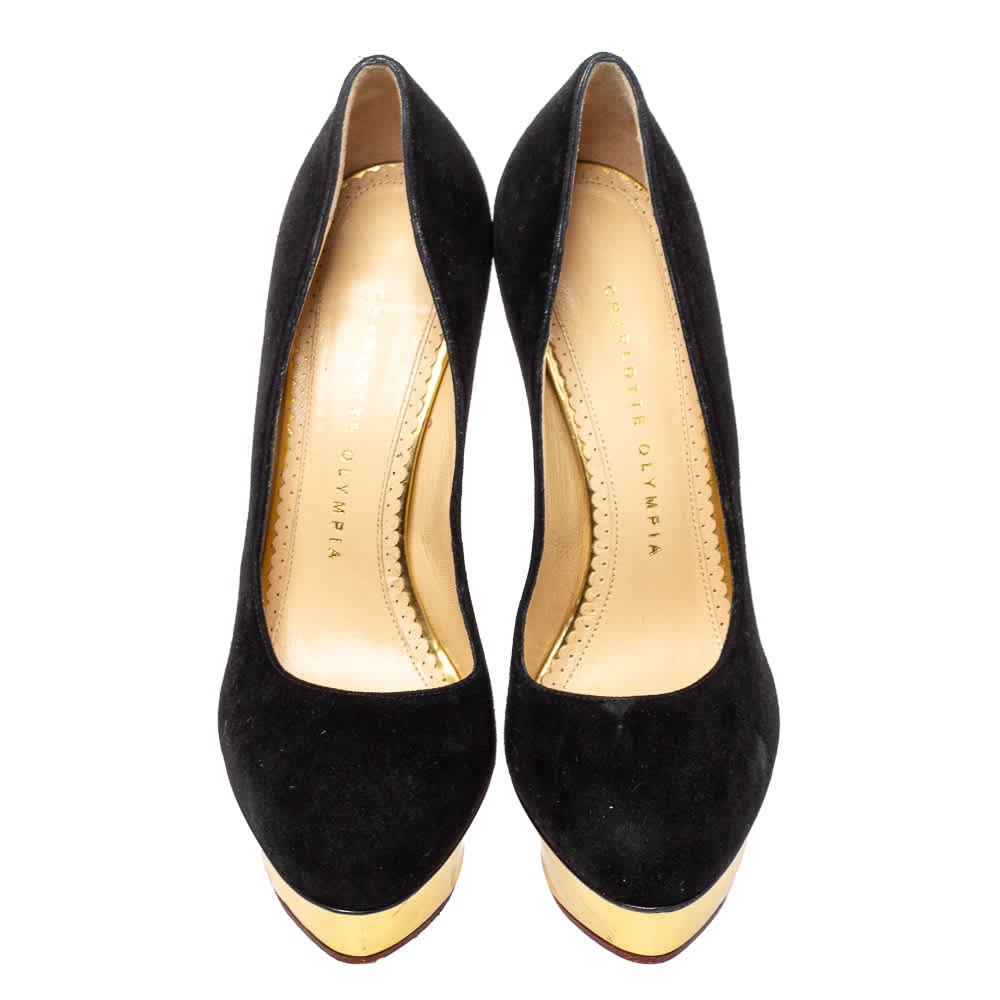 Charlotte Olympia Black Suede Dolly Platform Pumps Size 37