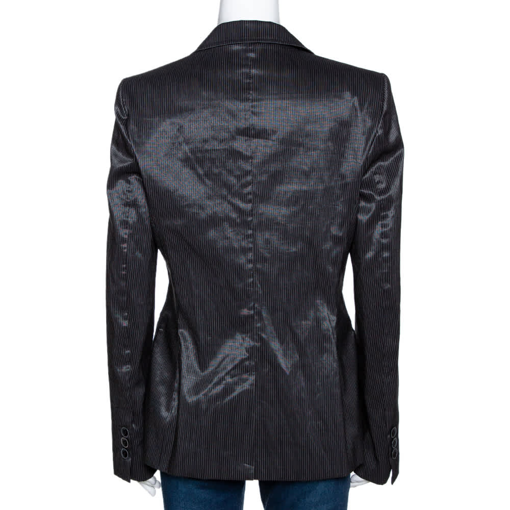 Just Cavalli Black Striped Cotton Ramie Blend Single Buttoned Blazer L