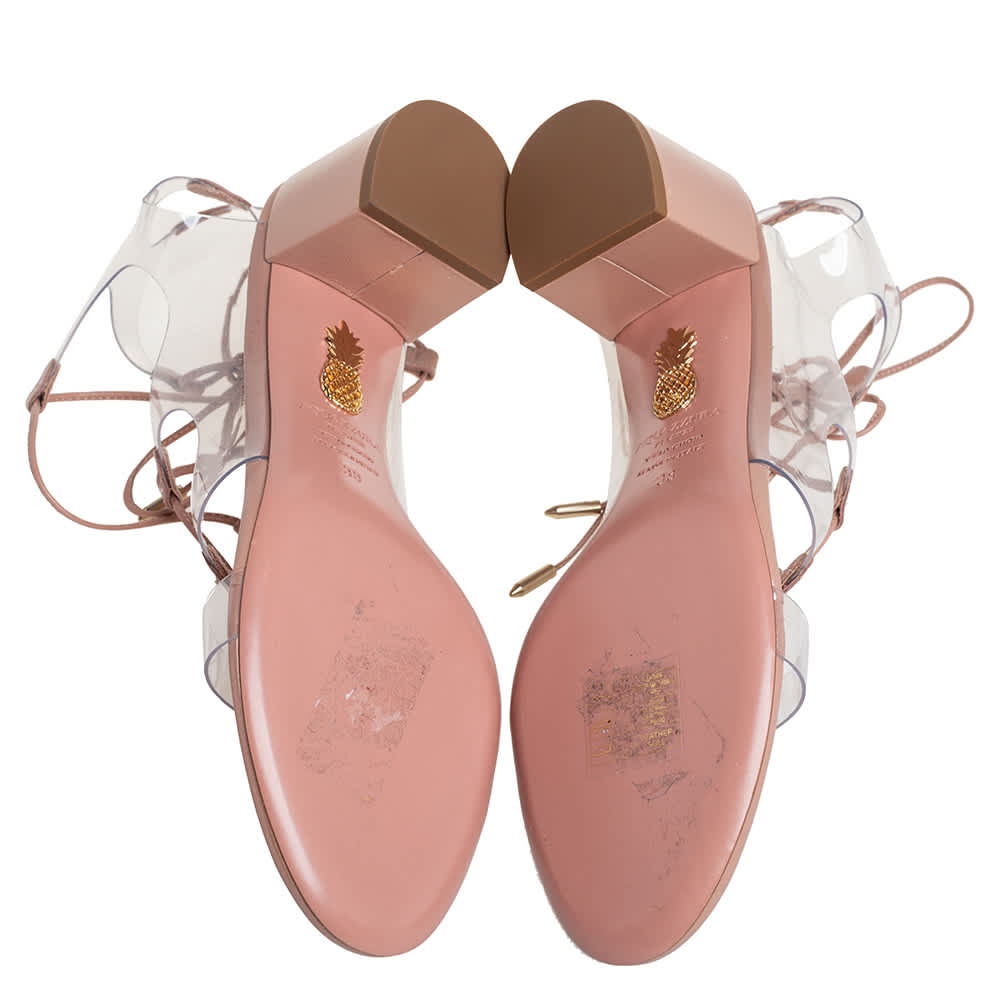 Aquazzura Beige Leather And PVC Lace Up Sandals Size 38