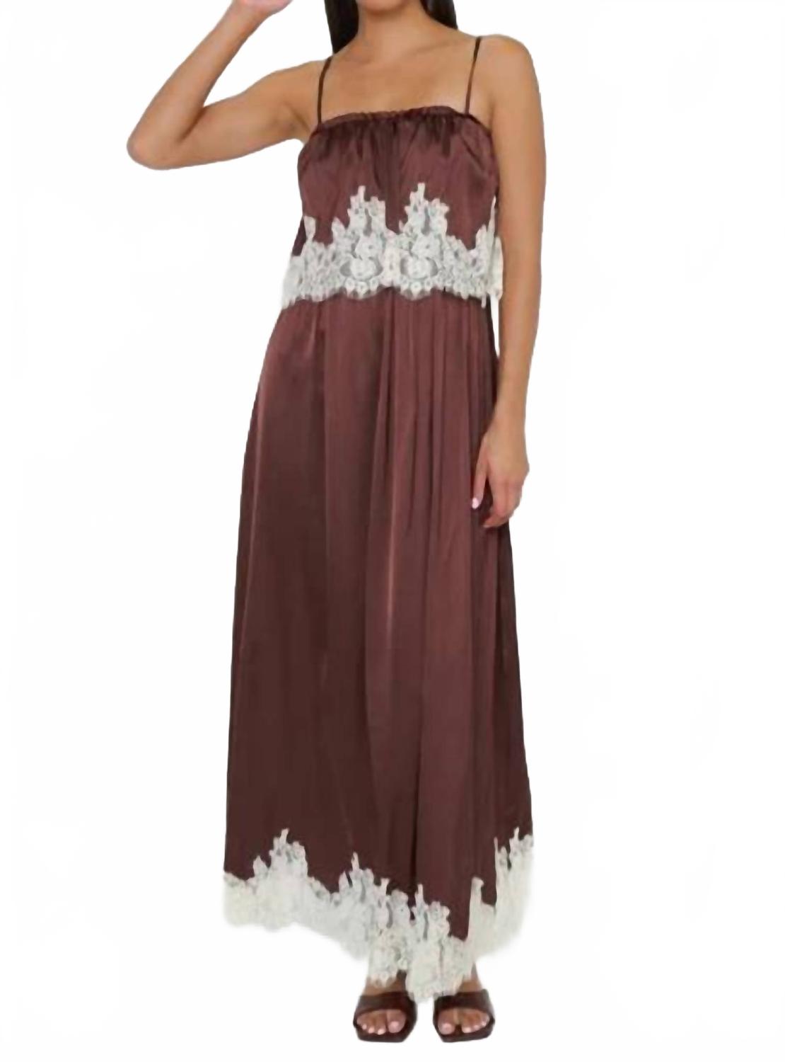 Emmylou Maxi Dress In Chocolate Satin With Lace Trim