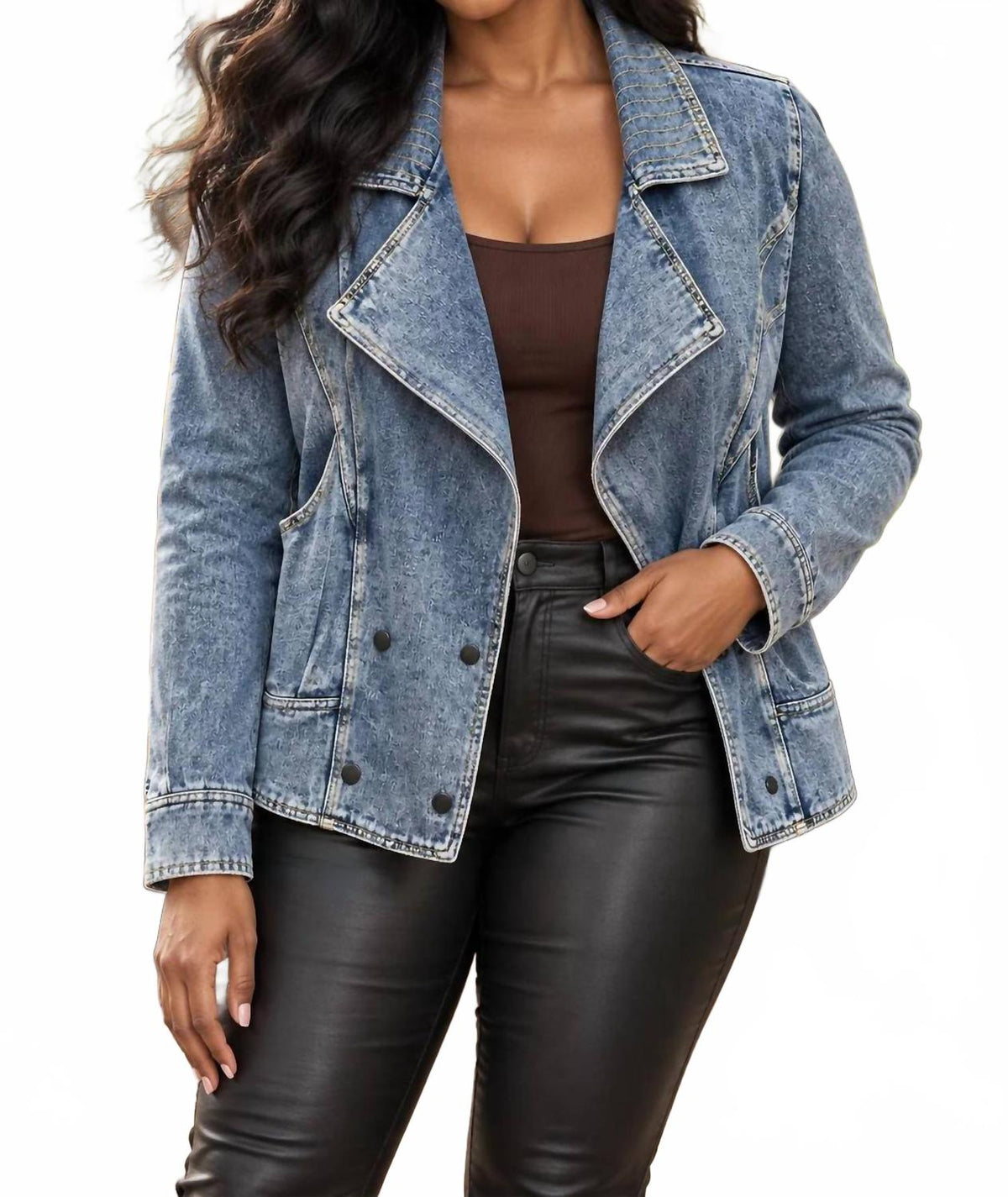 Women's Double Breasted Acid Wash Denim Jacket In Blue