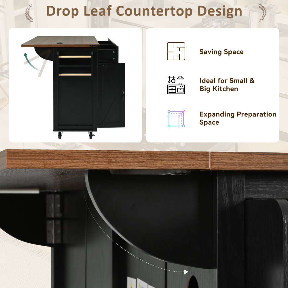 Farmhouse Kitchen Island on Wheels with Drop Leaf, Drawer, and Functional Storage