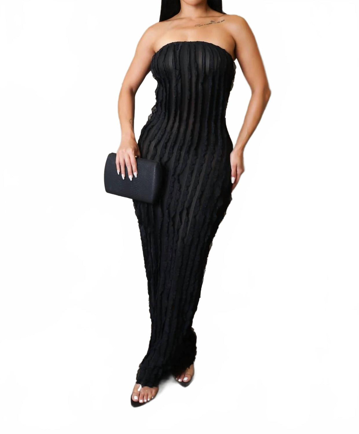 Ariella Strapless Ruffle Maxi Dress In Black