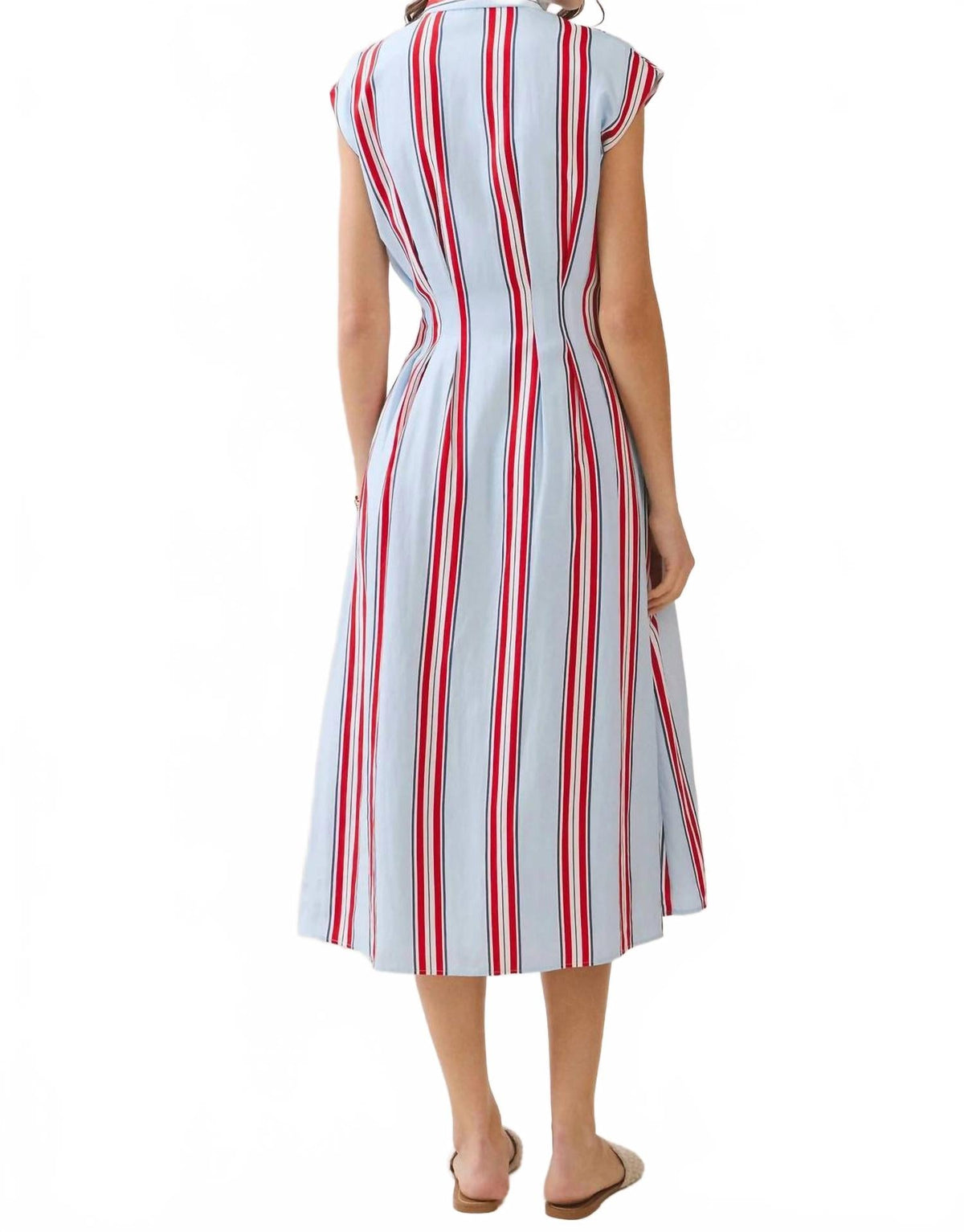 Fitted Bodice Striped Button Down Midi Dress In Red/blue