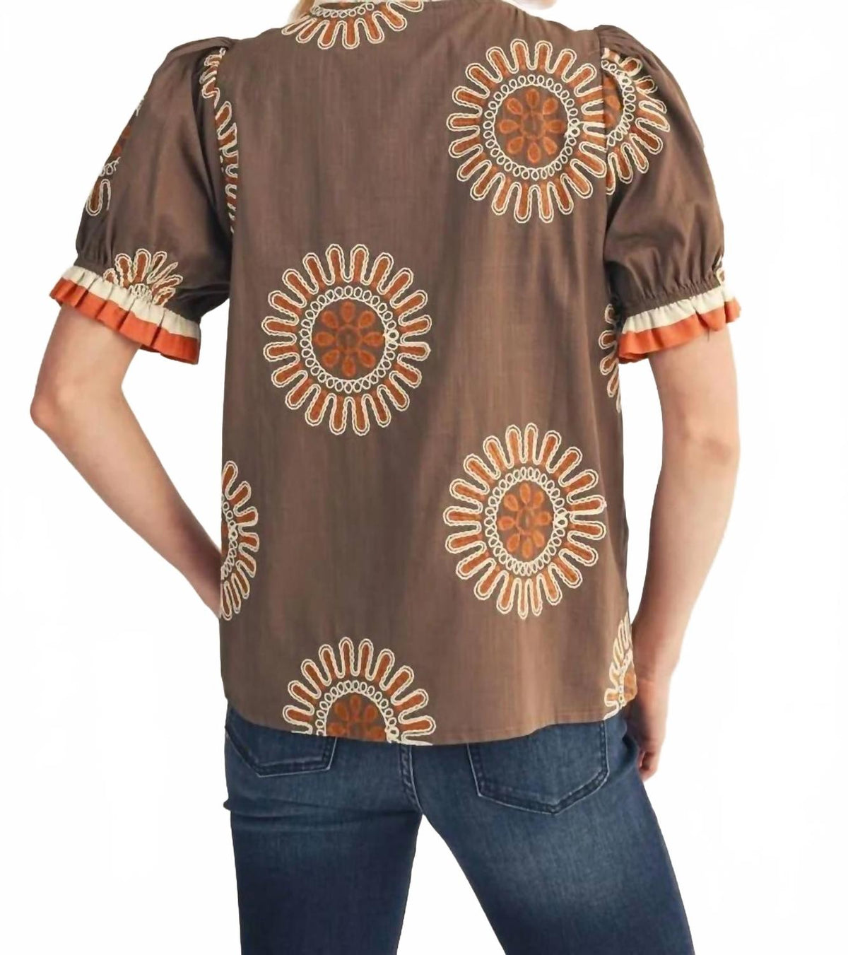 Floral Puff Sleeve Button Down Blouse In Mocha