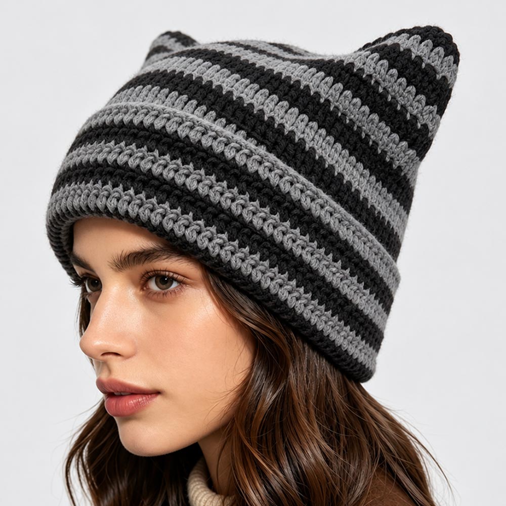 Striped Crochet Cat Ear Winter Beanie Hat