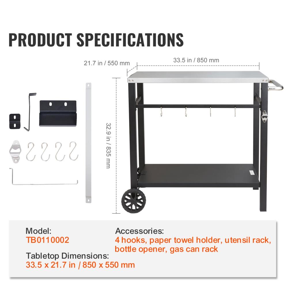 Portable BBQ Prep Table with Two Storage Shelves and Rolling Wheels