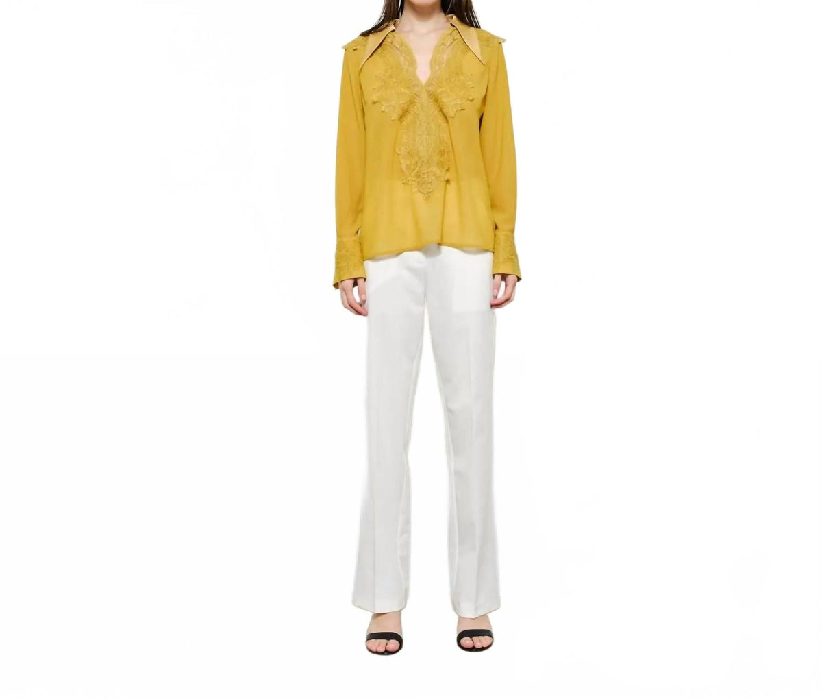 Luxe Lace V Neck Long Sleeve Blouse Top In Amber