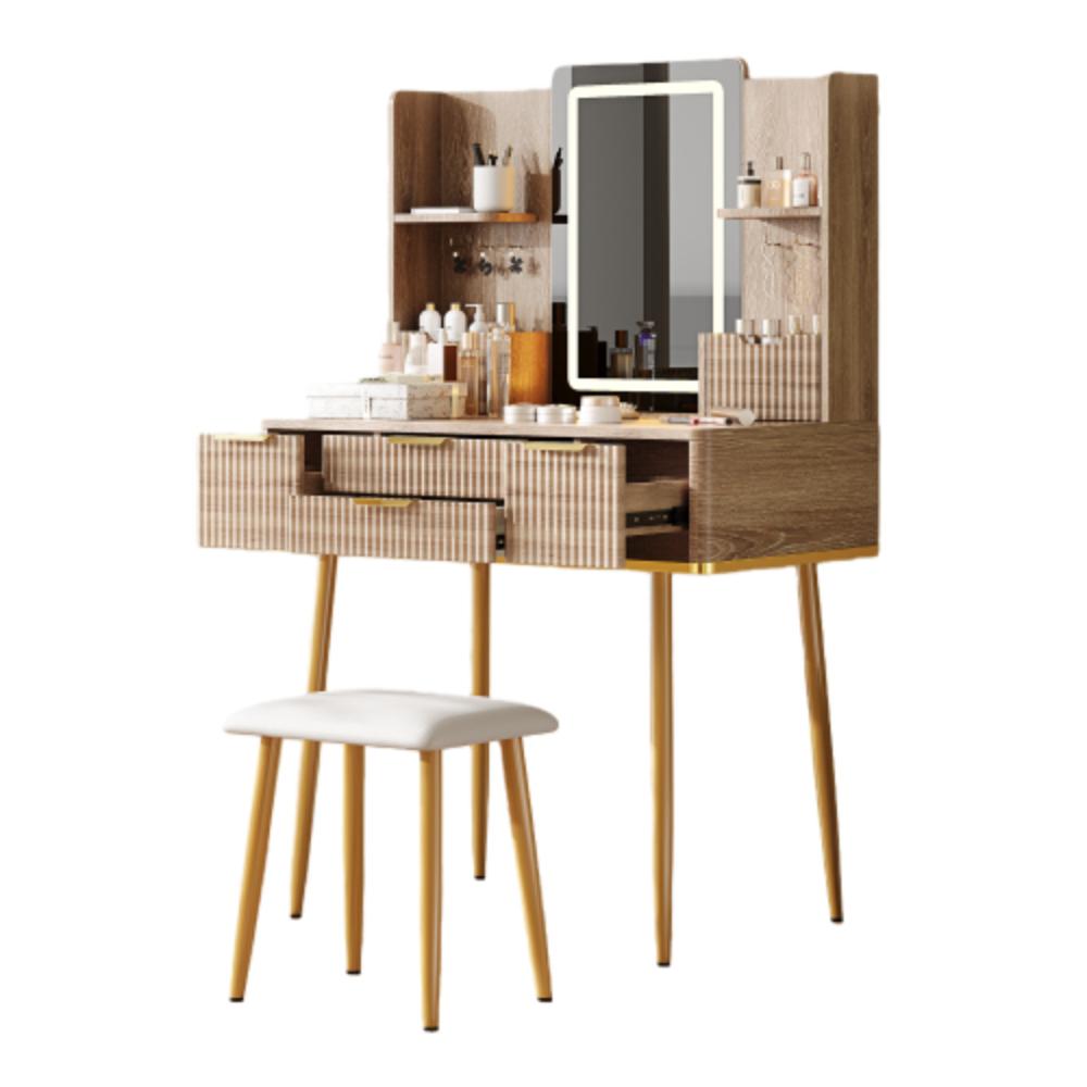 Carved Makeup Desk with Metal Legs and Cushioned Stool
