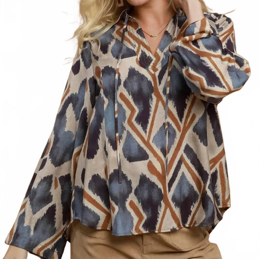 Amira Ikat Print Tie Neck Top In Navy
