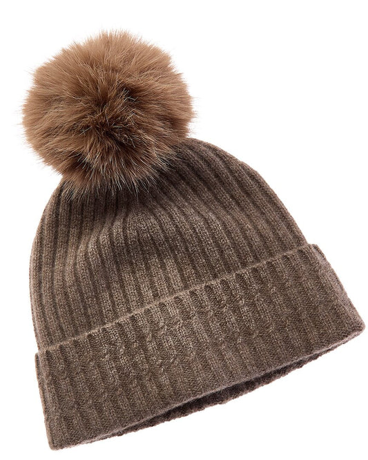 Amicale Cashmere Cable Detail Rib Cuffed Cashmere Hat