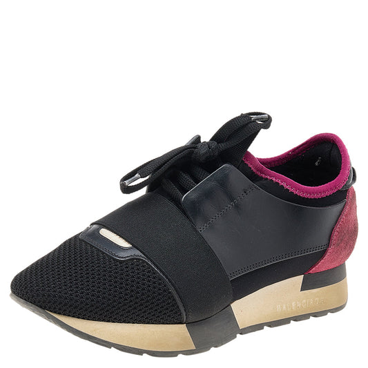 Balenciaga Race Runner Size 37 Black Elastic  Leather and Mesh Low Top Sneakers