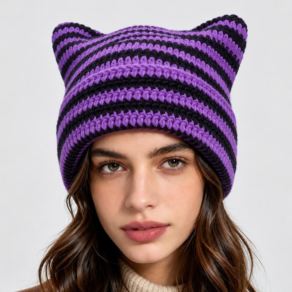 Striped Crochet Cat Ear Winter Beanie Hat