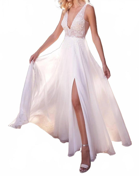 Beaded V-Neck Chiffon Gown In Off-White