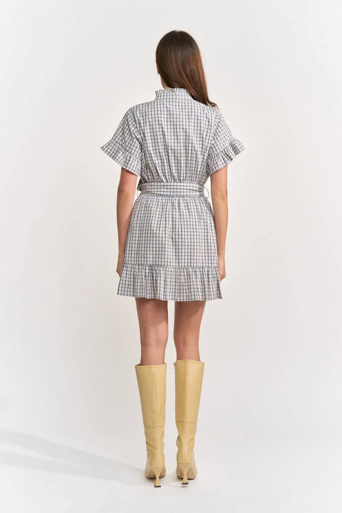 Ruffle Placket Belted Tiered Mini Dress In White Blue Navy