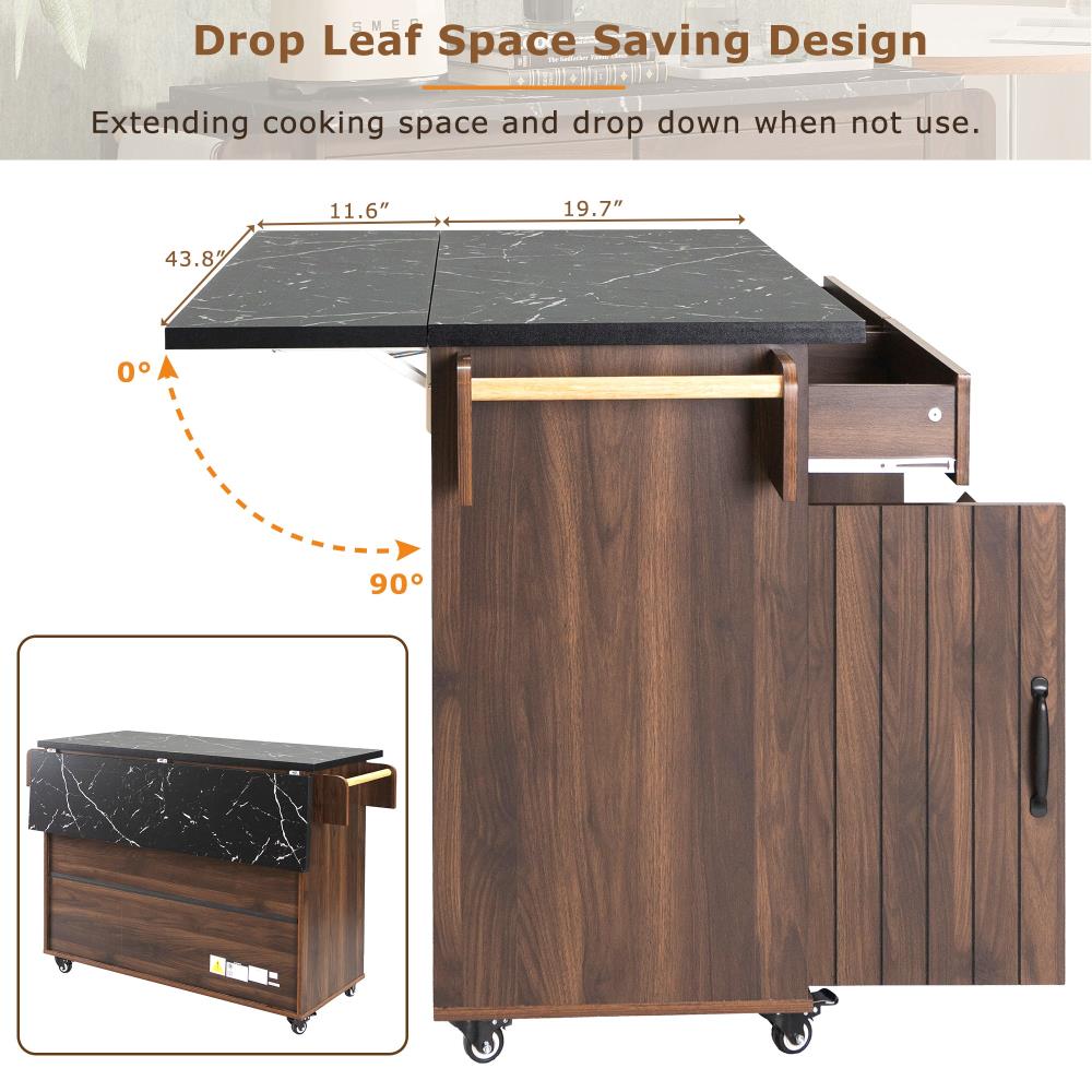 Kitchen Prep Island with Hidden Trash Can Cabinet and Adjustable Storage Shelf