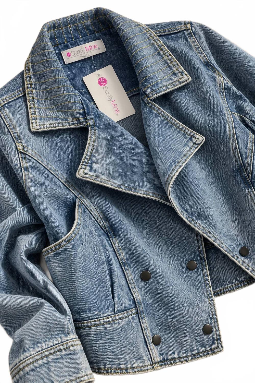 Women's Double Breasted Acid Wash Denim Jacket In Blue