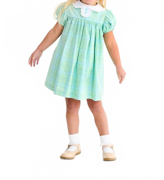 Kid's Mary Dal Dress In Pelham Bay Plaid Green With Worth Avenue White