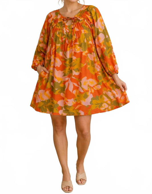 Bold Floral Bubble Sleeve Tunic Dress – Curvy In Orange
