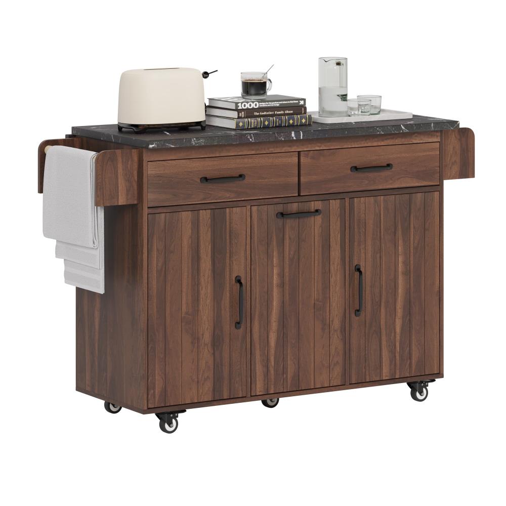Kitchen Prep Island with Hidden Trash Can Cabinet and Adjustable Storage Shelf