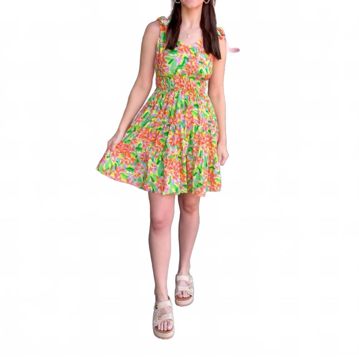 Printed Tie Strap Mini Dress In Bright Green Multi