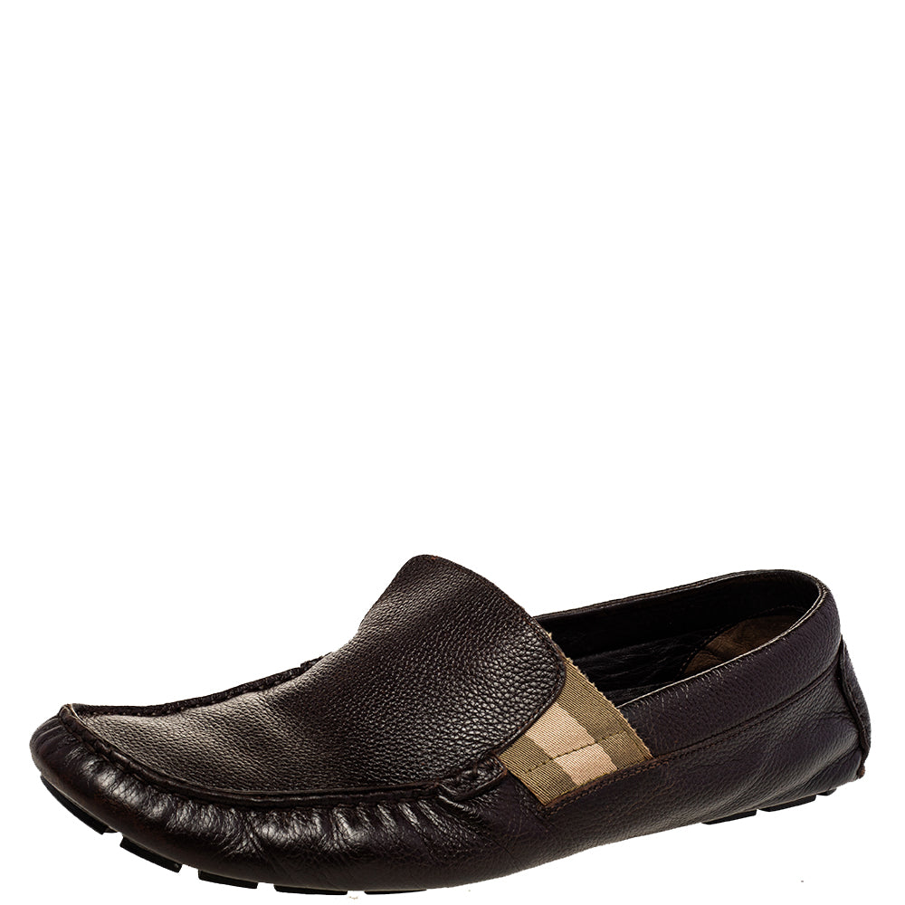 Gucci Brown Leather Web Detail Slip-On Loafers Size 43