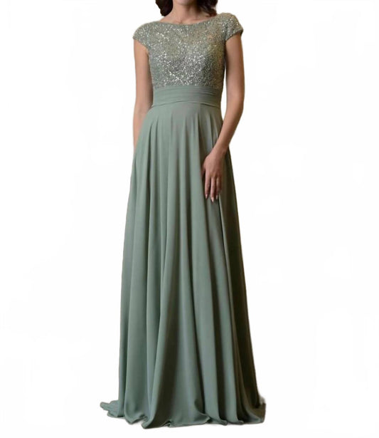 Boat Neck Cap Sleeve A-Line Dress In Sage