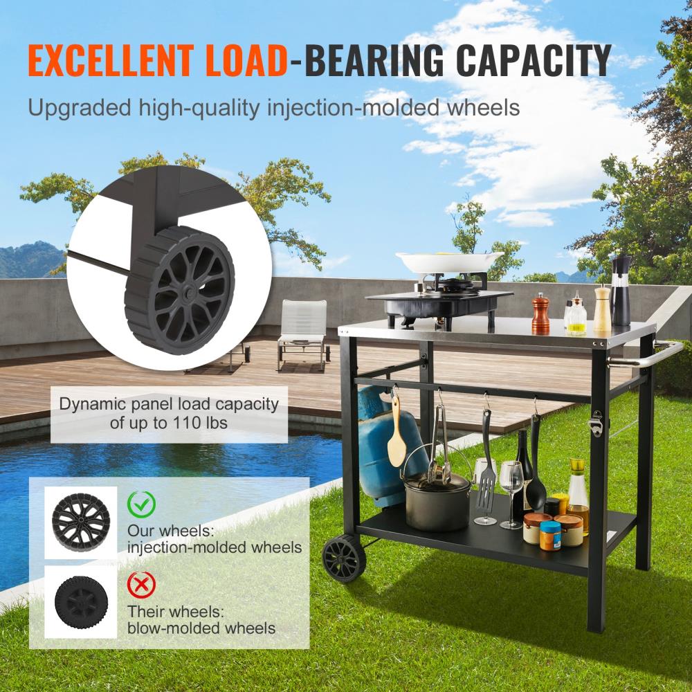 Portable BBQ Prep Table with Two Storage Shelves and Rolling Wheels
