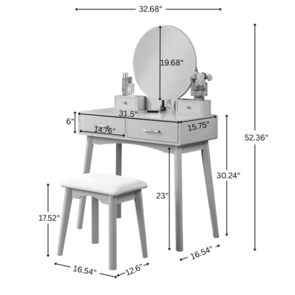 Contemporary Wooden Vanity Set with Round Mirror and Stool