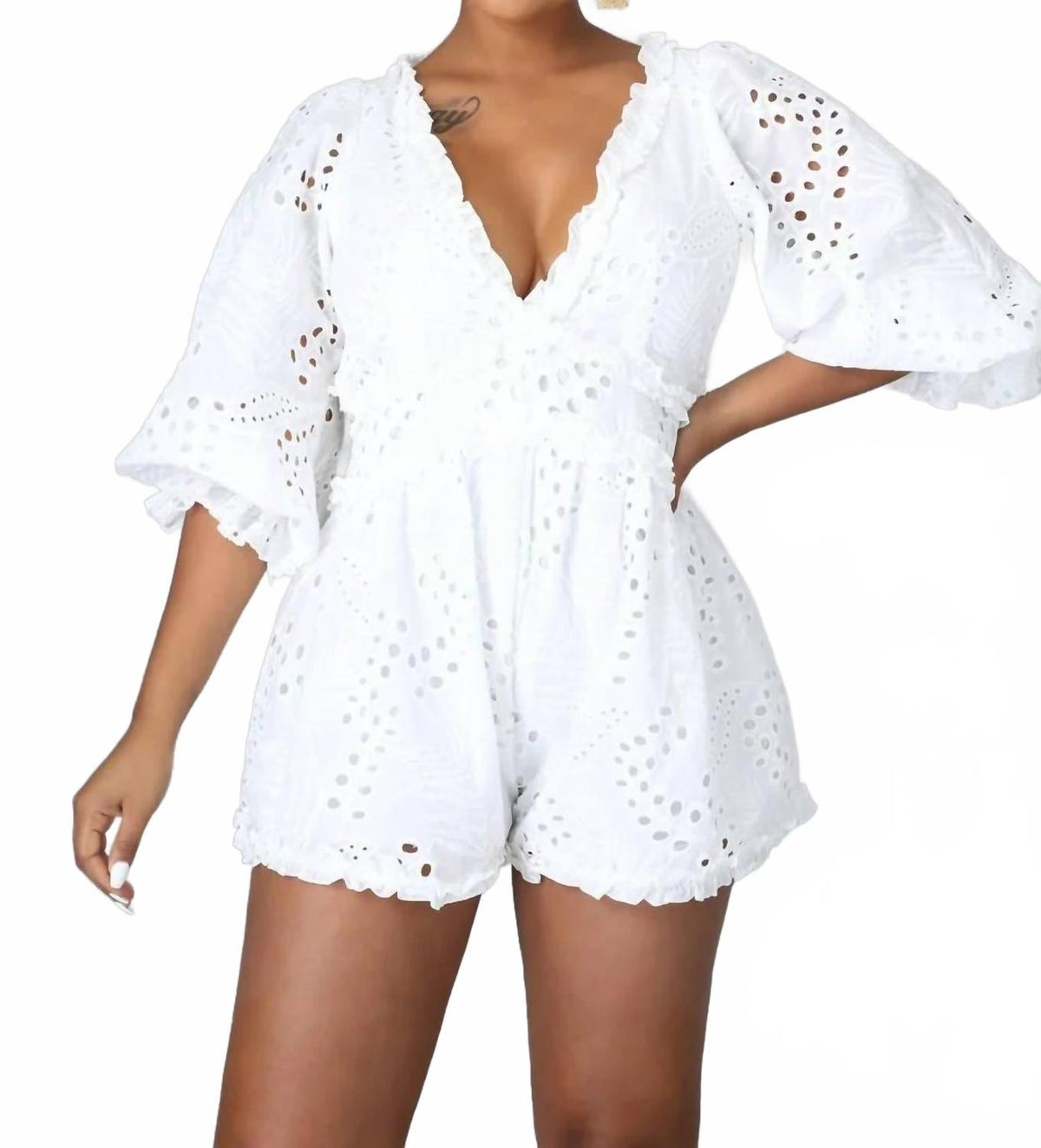 Chanelle Eyelet Embroidered Romper In White