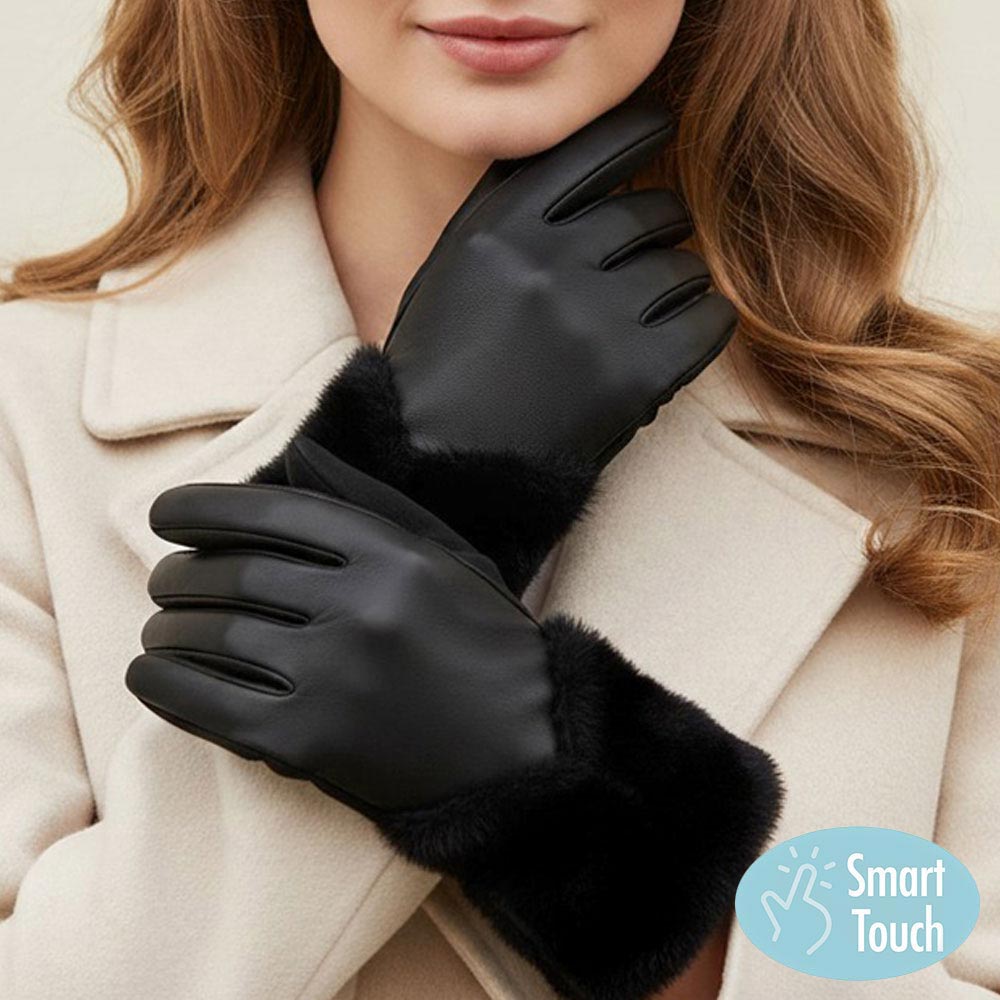 Faux Fur Cuff Trim Accent Smart Touch Winter Gloves