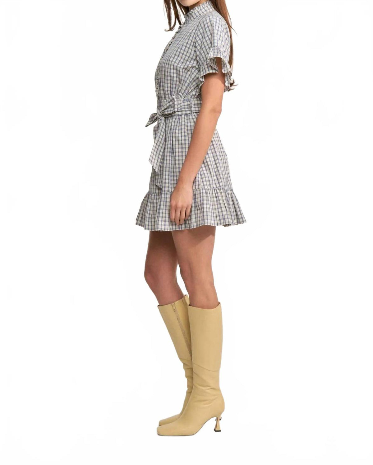Ruffle Placket Belted Tiered Mini Dress In White Blue Navy