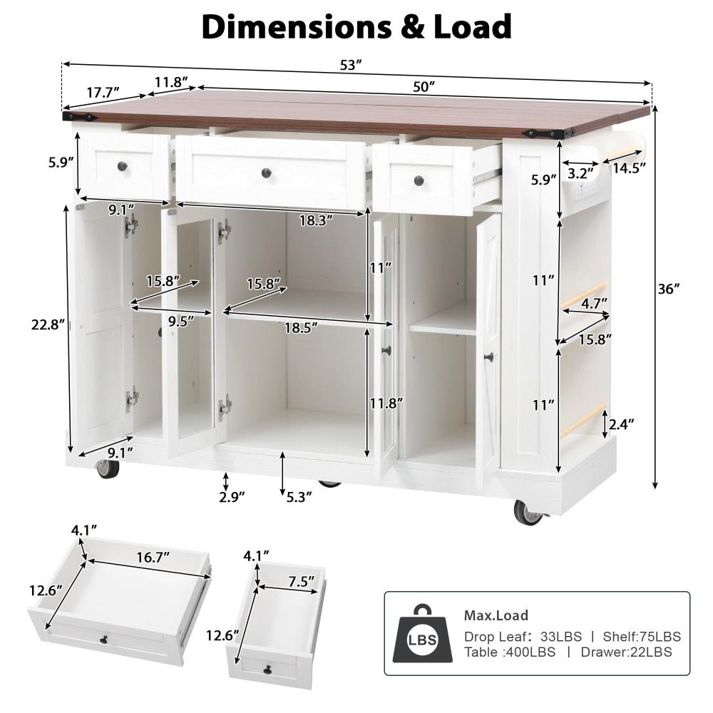 Farmhouse Kitchen Prep Island with Glass Cabinet Doors, Power Outlet, and Open Shelving