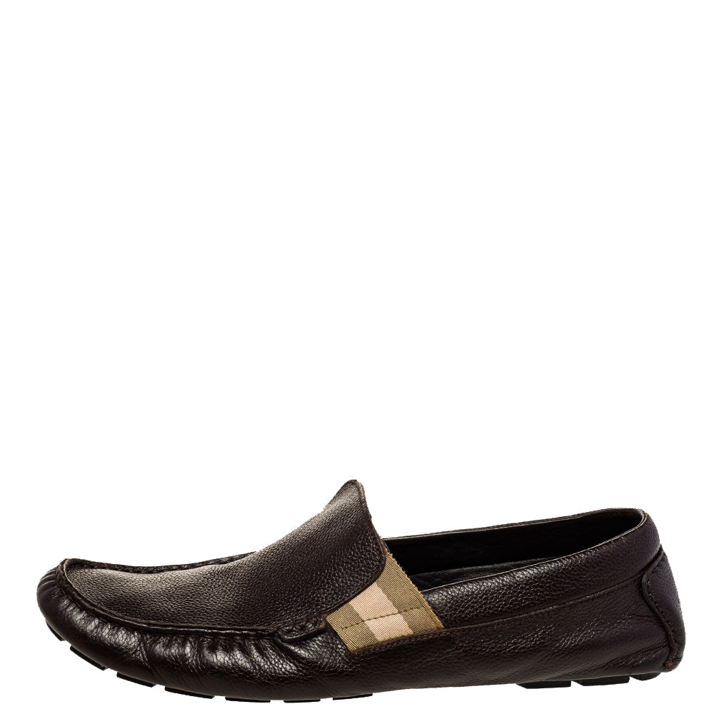 Gucci Brown Leather Web Detail Slip-On Loafers Size 43