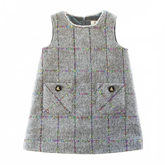 Girls Herringbone Wooly Dress In Grey