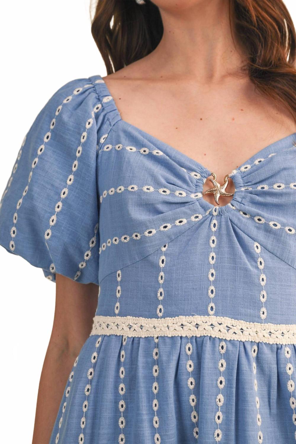 Embroidered Eyelet Seashell Hem Midi Dress In Ocean Blue