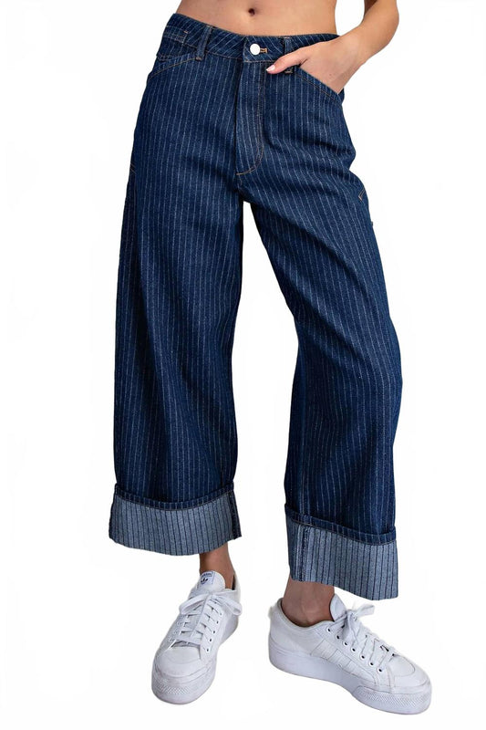 Bold Lines Striped Barrel Pant In Dark Denim
