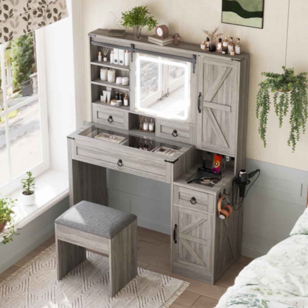 Farmhouse Makeup Desk with Side Hooks and Cup Holder