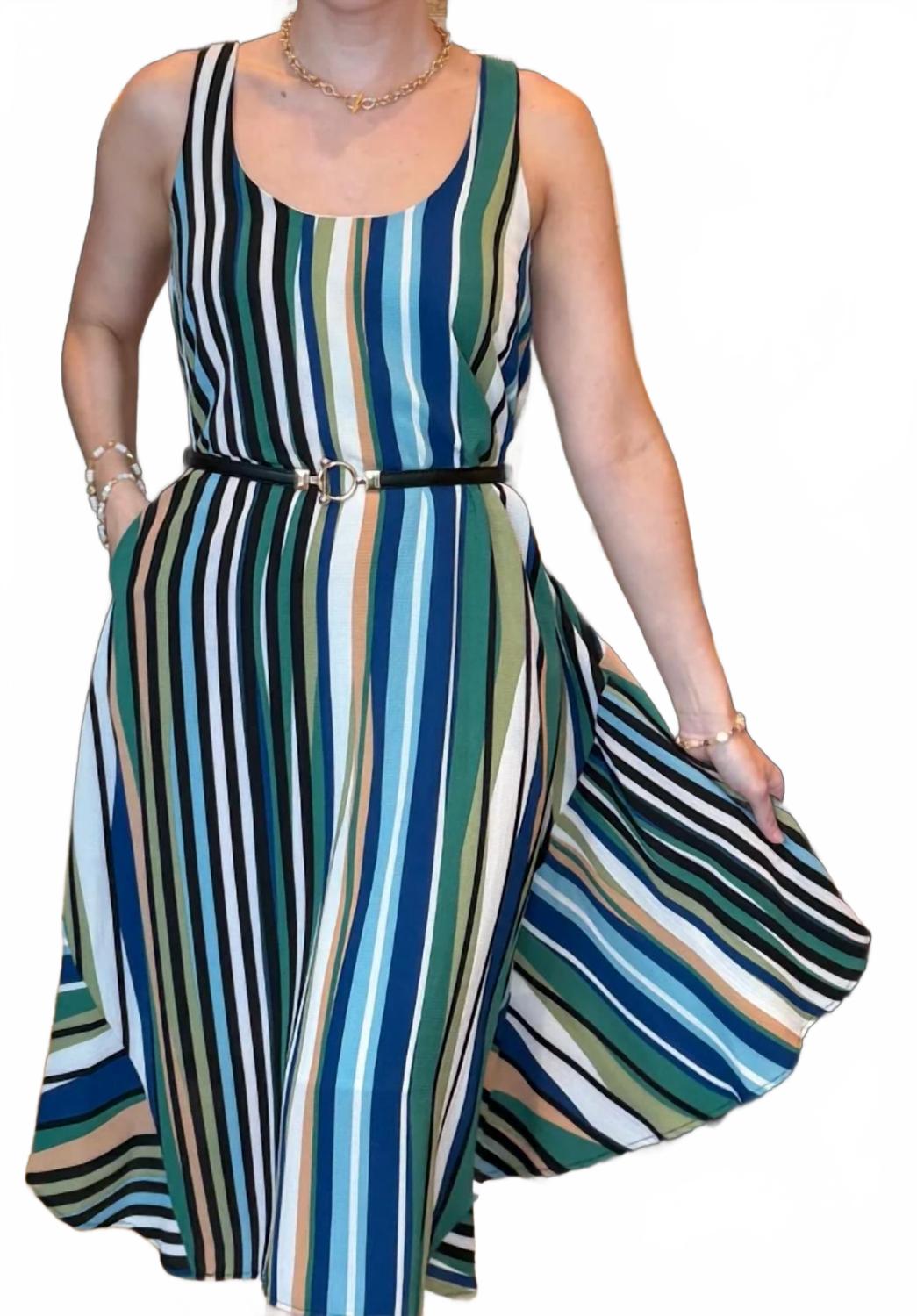 Sleeveless Stripe Dress With Pockets In Blue/green