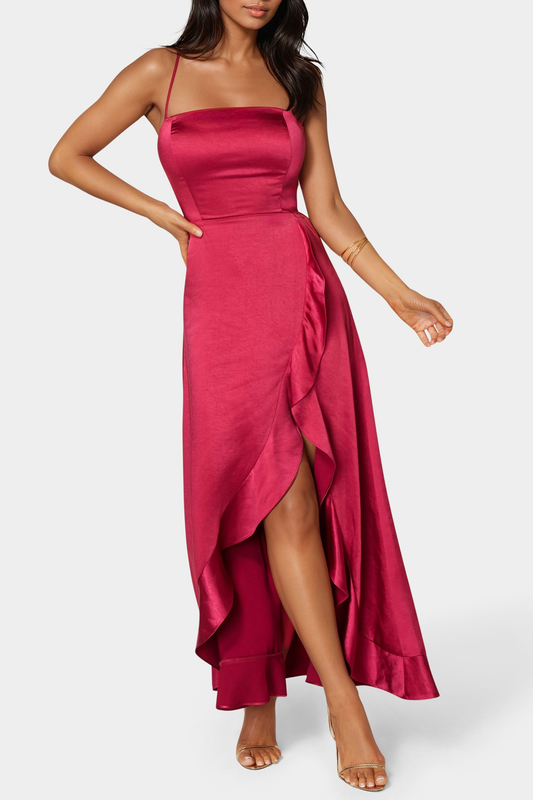 Bebe Women's Satin Ruffle Maxi Lace Up Back