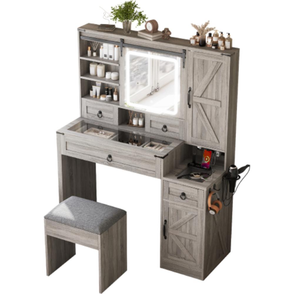 Farmhouse Makeup Desk with Side Hooks and Cup Holder