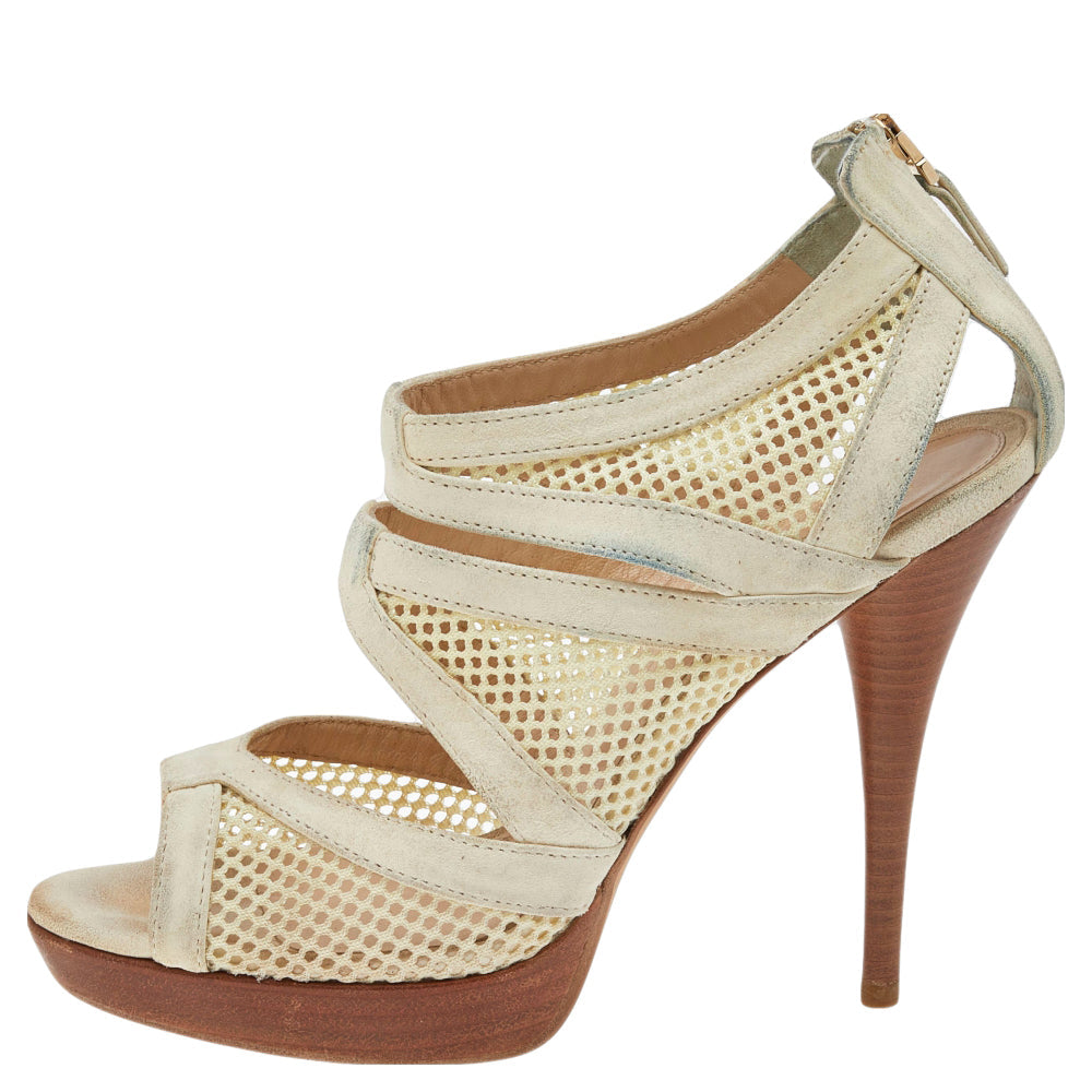 Fendi Off-White Suede And Mesh Cage Open-Toe Platform Sandals Size 38