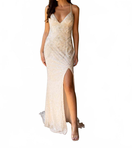 Beaded Long Formal Gown In Nude