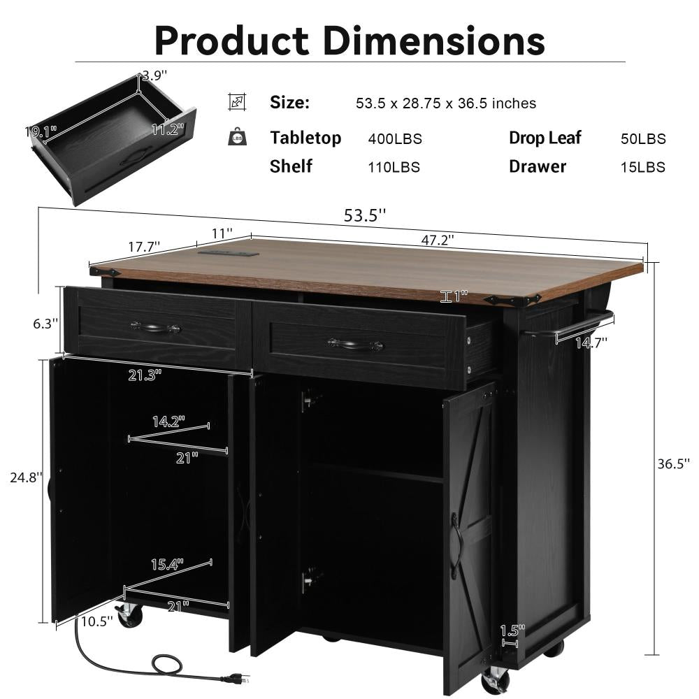 Farmhouse Kitchen Island on Wheels with Drop Leaf, Drawer, and Functional Storage