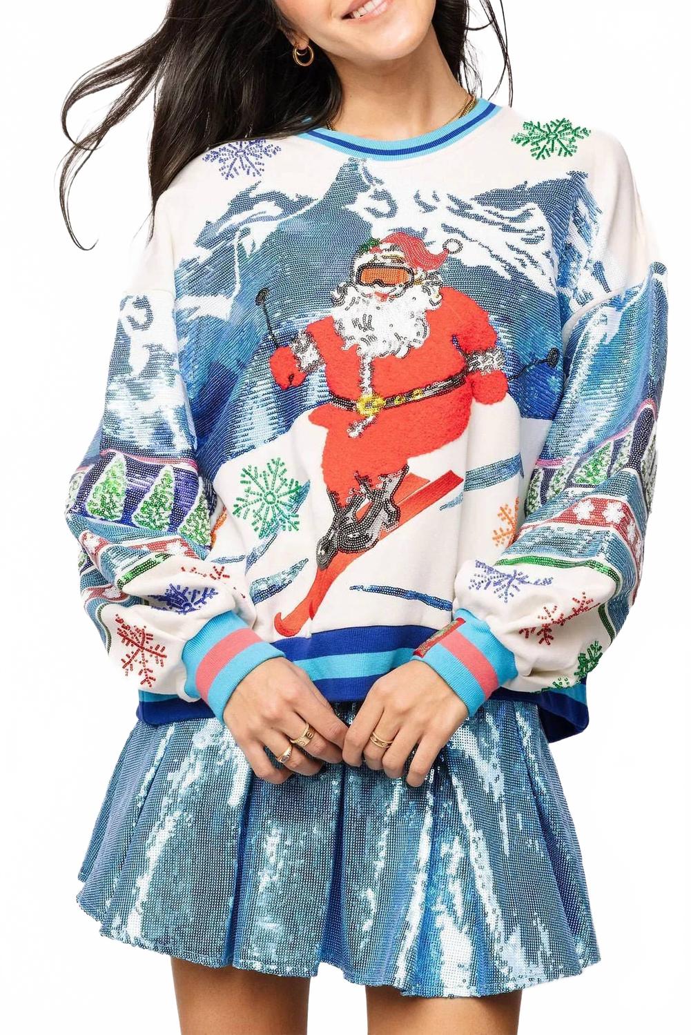Ski Santa Christmas Sweatshirt In White/blue