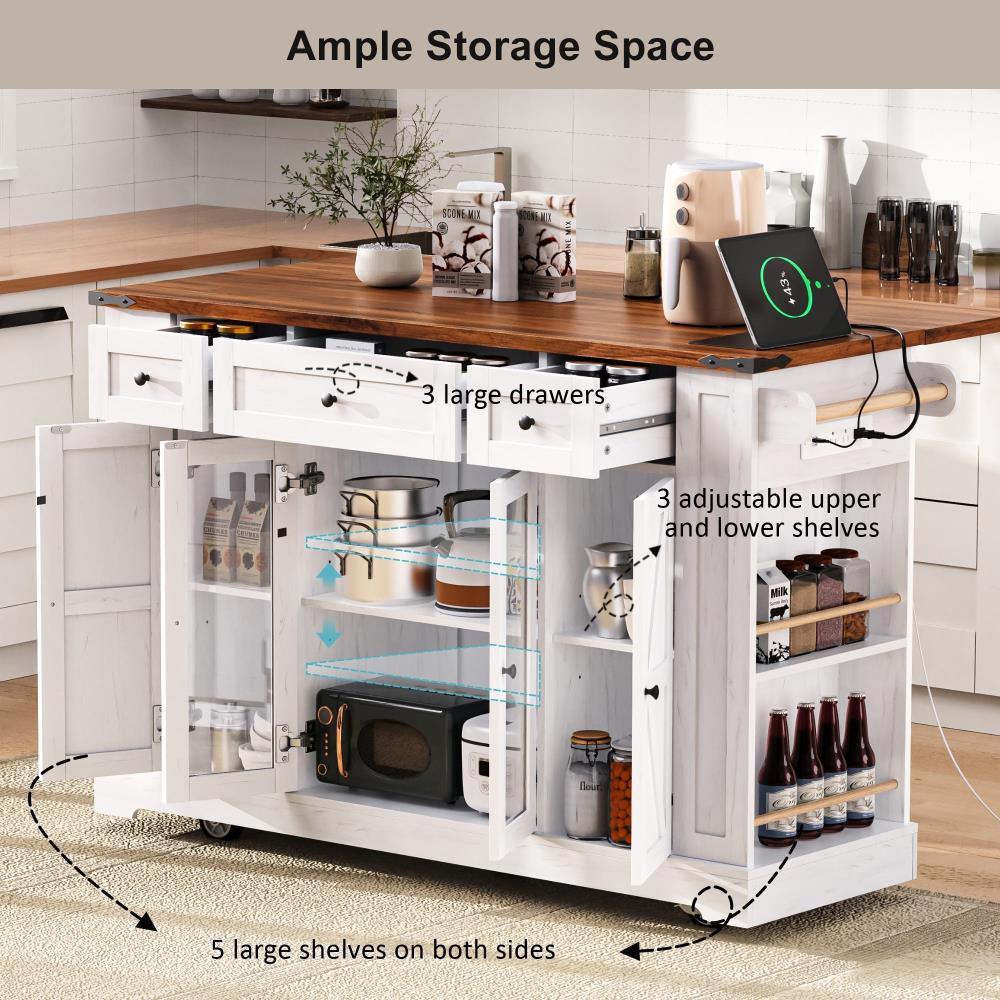 Farmhouse Kitchen Prep Island with Glass Cabinet Doors, Power Outlet, and Open Shelving