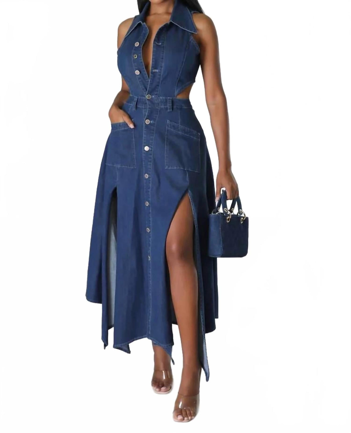 Symphony Cutout Denim Midi Dress In Dark Wash