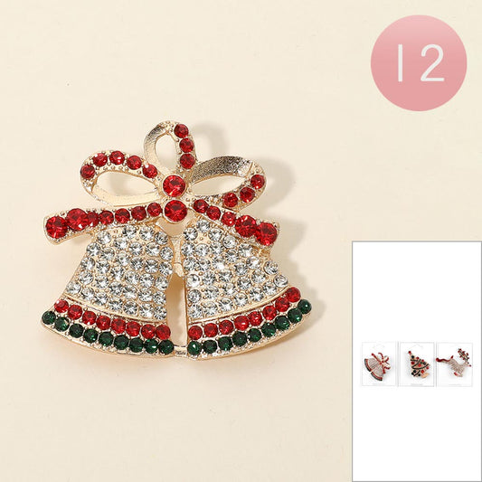 12PCS - Rhinestone Pave Christmas Bell Tree Reindeer Pin Brooches