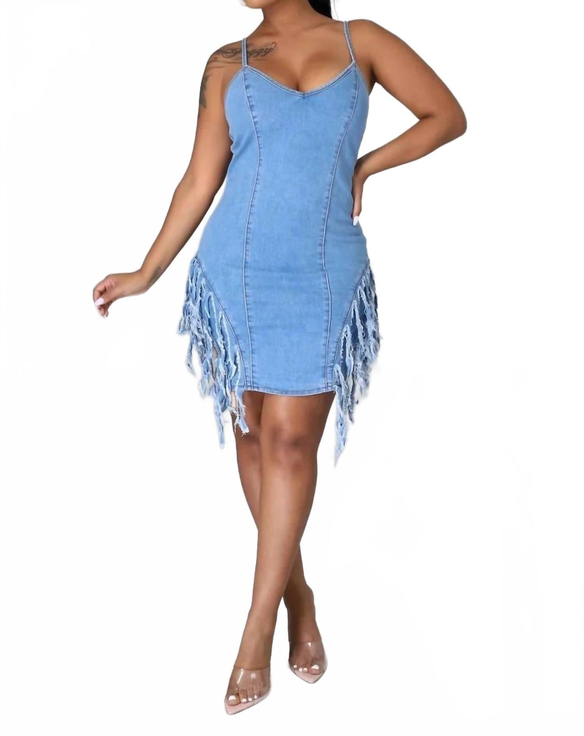 Dare To Bare Fringe Denim Mini Dress In Blue