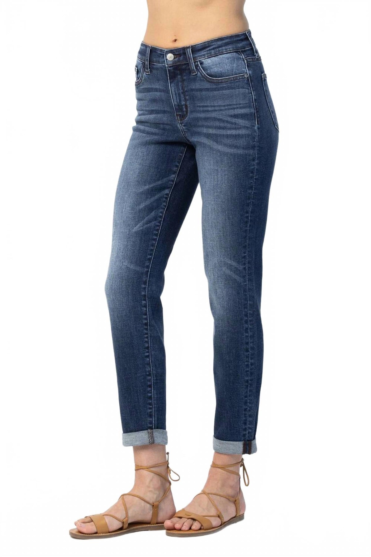 Basic Cuffed Slim Fit Jeans In Dark Wash